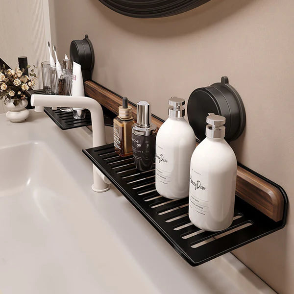 No-Drill Walnut Aluminum Faucet Rack Hollow Drainage & Heavy-Duty