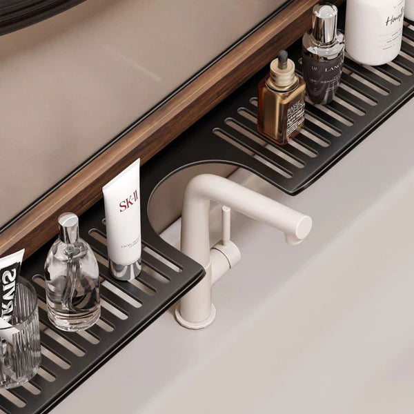 No-Drill Walnut Aluminum Faucet Rack Hollow Drainage & Heavy-Duty